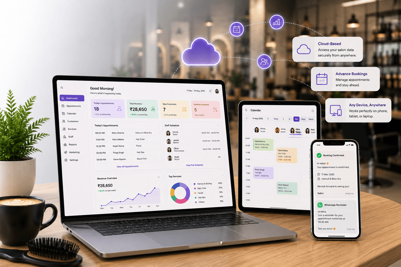 SalonBee dashboard synced across laptop, tablet, and phone: cloud-based, advance bookings, works on any device