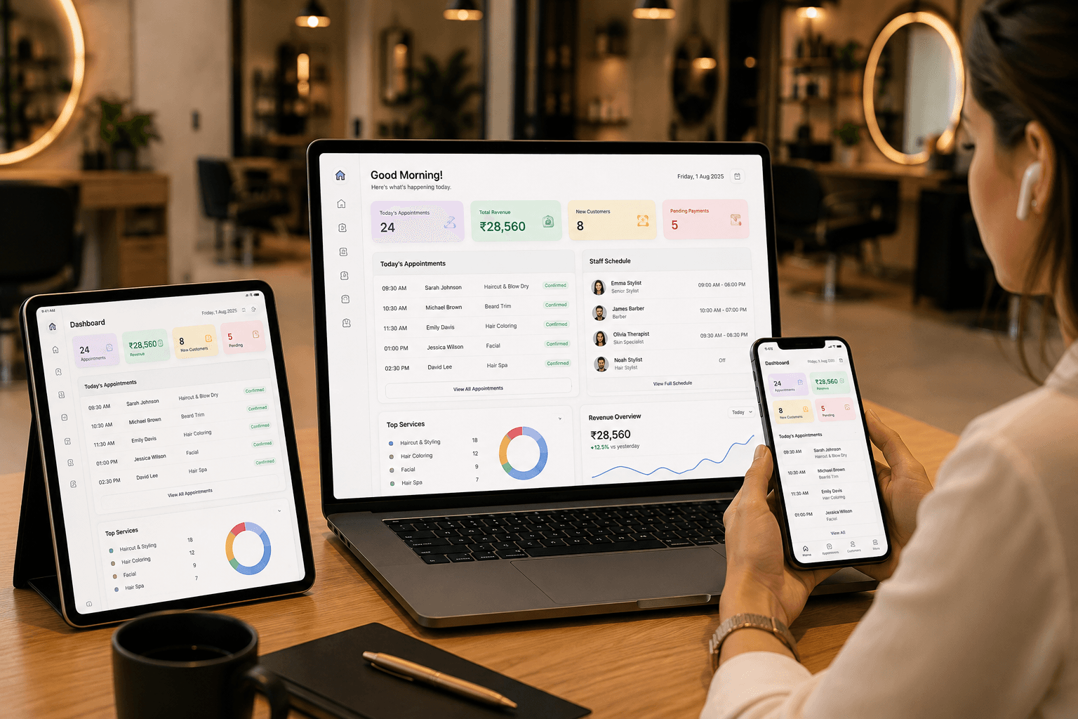 SalonBee dashboard shown on laptop, tablet, and phone: today's appointments, revenue, new customers, and staff schedule at a glance
