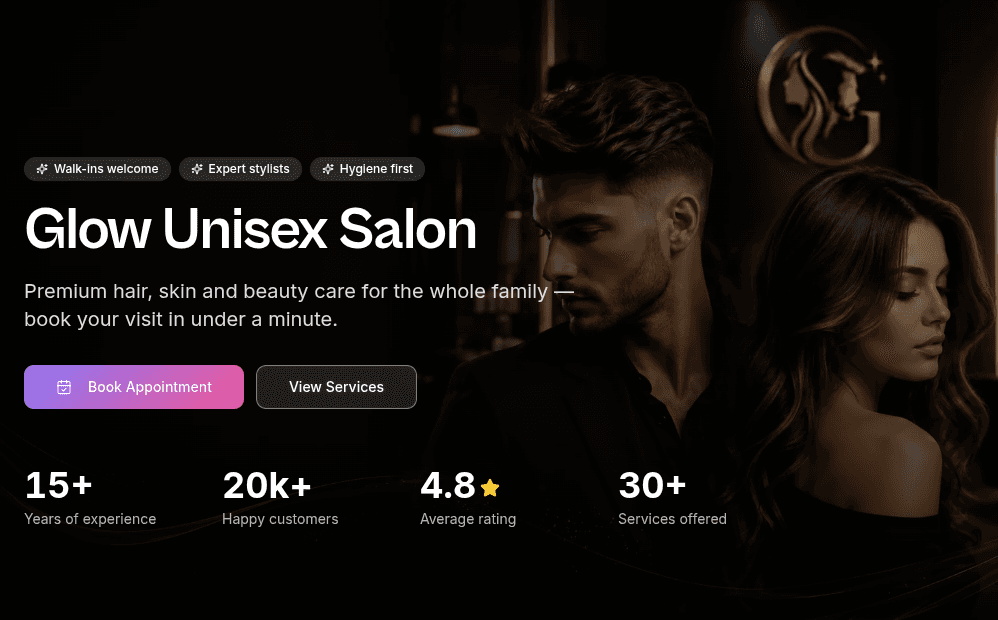 SalonBee's public website for a salon: a real screenshot of the demo salon's homepage hero